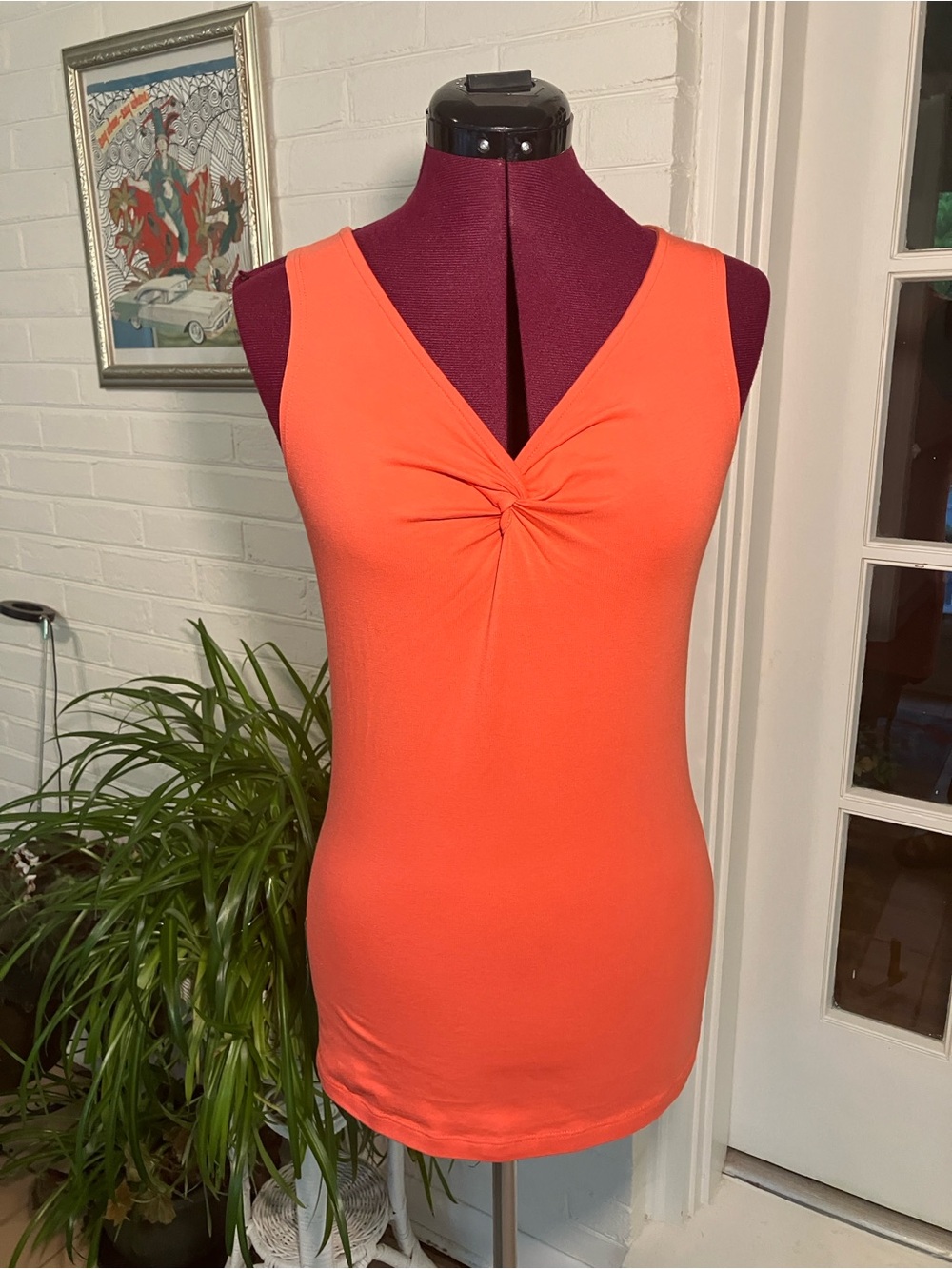 E.L.I Sleeveless Twist-Front Tank Top in Bright Coral Pima Cotton
